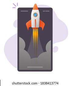 Rocket launch boost online app on mobile phone vector, smartphone digital fast quick growing internet start up, idea of new product release, project development high speed web startup