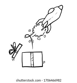 lanzamiento de cohetes desde el símbolo de la ilustración de caja para iniciar un proyecto empresarial con estilo dibujado a mano de doodle