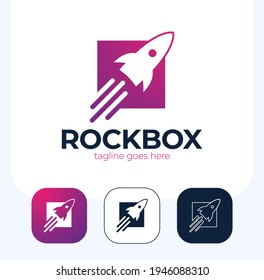 Rocket Launch Box Logo Design Vector Template. Start Up Logotype, Think Outside The Box Logo, Logistic And Delivery Logo