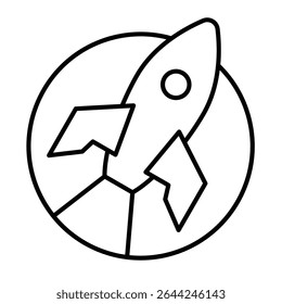 Rocket launch bubble thin line icon, cosmos concept. Vector graphics. Space exploration mission flight sign on white background, style mobile or design