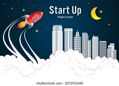 Rocket launch and building skyscraper on the clouds and dark sky in the night as paper art, craft style and business Startup project concept. flat design vector illustration.