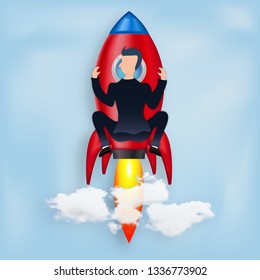 Rocket launch with bus as businessman as  start up project , development and sucess concept. vector illustration.