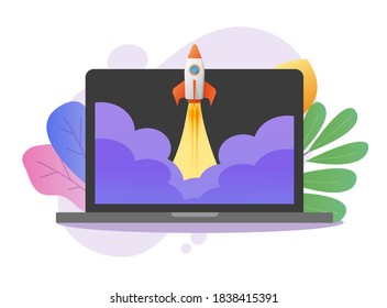 Rocket launch business boost take off online on computer screen vector colorful flat design, high speed development of project, digital fast quick growing pc internet start up, new product release