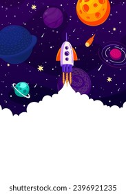 Rocket launch, business fast start up poster for startup project, vector background. Spaceship shuttle launch into space sky to galaxy planets, cartoon poster for business start up or company strategy