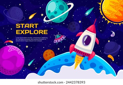 Rocket launch. Business fast start concept. Vector banner for startup project or product presentation. Cartoon spacecraft take off into space, Universe or starry galaxy. Successful idea booster