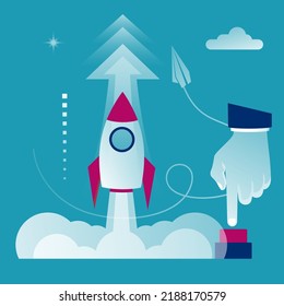 Rocket of launch business metaphor. Launch project. Businessman hand pushing start button. Start up concept. Vector illustration cartoon flat design style. Isolated on white background. Takeoff.