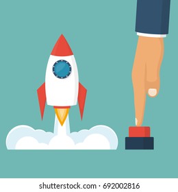 Rocket of launch business metaphor. Launch project. Businessman hand pushing start button. Start up concept. Vector illustration cartoon flat design style. Isolated on white background. Takeoff.