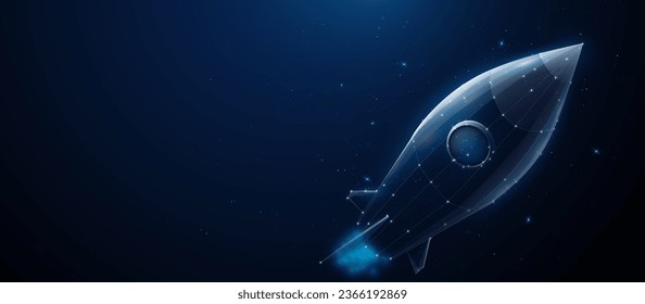 Lanzamiento del cohete. Concepto de inicio de negocio o proyecto. líneas, triángulos y diseño de tipo partícula. alambre poligonal. Vector de ilustración