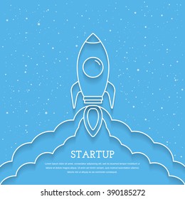 Rocket launch, business project startup ccncept, minimal line style, blue background, vector eps10 illustration