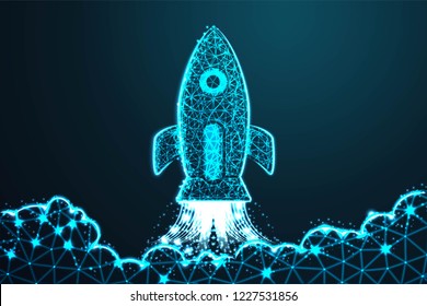 Rocket launch. Business start up concept form lines, with crumbled edge on blue night sky with dots, stars and looks like constellation, illustration