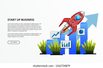 Rocket launch for business start up concept. graph and stats info graphic, desktop office illustration template
