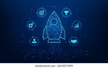 rocket launch business start up digital technology on blue background. new business growth success. leadership strategy achievement. vector illustration hi-tech line circuit design.