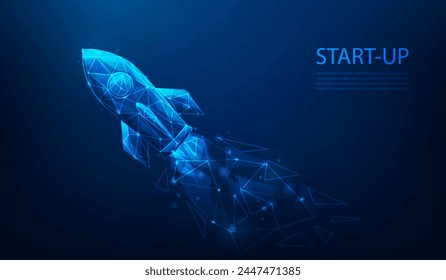 rocket launch business start up low poly wireframe on blue background. business achievement to success concept. vector illustration fantastic design.