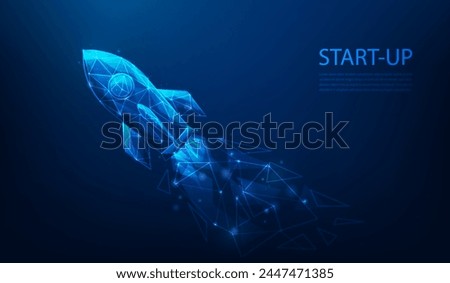 rocket launch business start up low poly wireframe on blue background. business achievement to success concept. vector illustration fantastic design.