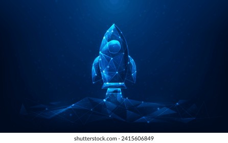 rocket launch business start up technology low poly wireframe on blue background.  new business growth success. leadership strategy achievement. vector illustration hi-tech design.