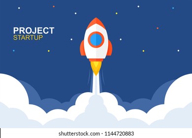 Rocket launch. Business startup banner. flat style. isolated on blue background