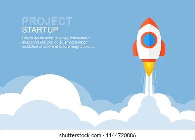 Rocket launch. Business startup banner. flat style. isolated on blue background