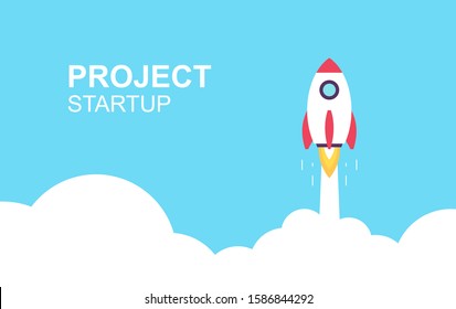 Rocket launch. Business startup banner. isolated on blue background