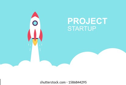 Rocket launch. Business startup banner. isolated on blue background