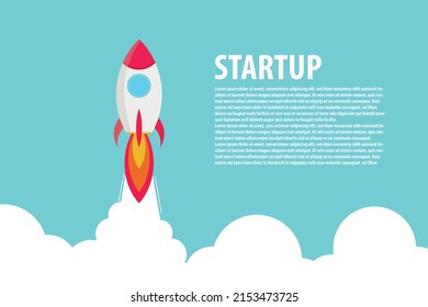 Rocket launch. Business startup banner. isolated on blue background