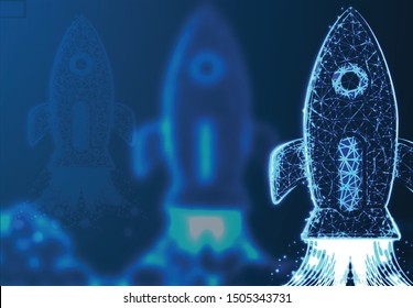 Rocket launch. Business startup concept, Low poly style design. Abstract geometric background. Wireframe light connection structure. Modern 3d graphic concept. Isolated vector illustration.