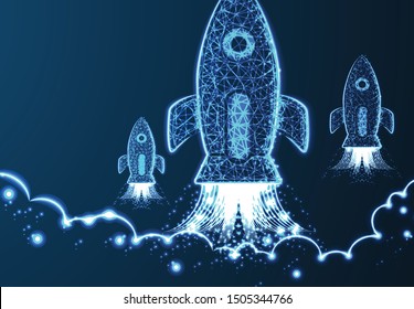 Rocket launch. Business startup concept, Low poly style design. Abstract geometric background. Wireframe light connection structure. Modern 3d graphic concept. Isolated vector illustration.
