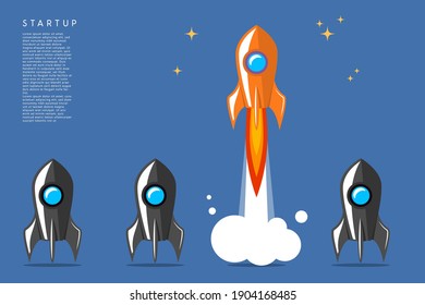 Lanzamiento del cohete. Concepto de inicio de negocio. Elemento de diseño para afiche, tarjeta, pancarta, signo. Ilustración del vector
