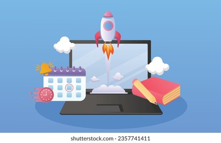 Rocket launch business startup ideas default mission.on blue background.Vector Design Illustration.