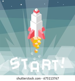 Rocket launch. Business startup metaphor. Cubes composition isometric vector illustration of cruise missile. New product, successful beginning concept.