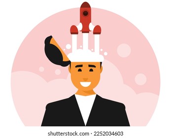 Rocket launch from a businessman's head. Startup launch. Vector graphics