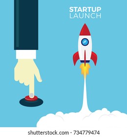 Rocket launch by hand pressing red button. Vector illustration concept for new start up