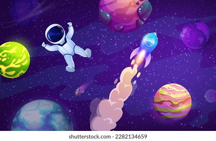 Rocket launch, cartoon astronaut in outer space and starry galaxy vector landscape. Fantasy rocky planets of alien universe, stars and falling comets, futuristic spaceship and spaceman with helmet