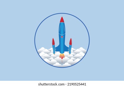 Rocket launch and cloud vector illustration. Spacecraft launching into space. Startup logo concept in the circle.