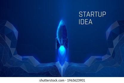 rocket launch and clouds of smoke, starship taking off upward. creating a startup business idea.dark-blue background. Wireframe. Isolated vector illustration. plexus. low poly.dots.triangle.Modern 3d 