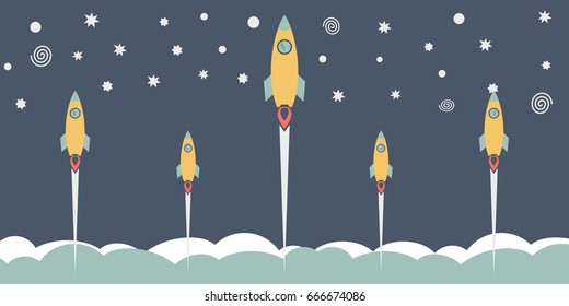 Rocket launch with clouds and stars. Space travel. Project start up and development process. Business  competitor. Vector illustration. 