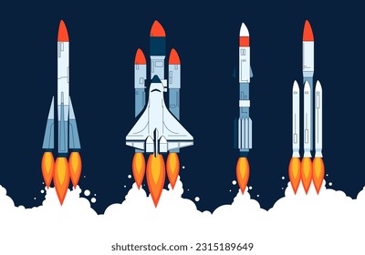 Rocket launch collection. Space craft and spaceship engine start and ignition, rocket flight with fire and smoke. Vector space mission concept set. Futuristic vehicle for cosmic exploration