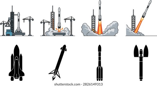 Rocket launch collection, space exploration vehicles and liftoff scenes, aerospace technology vectors, illustration bundle set