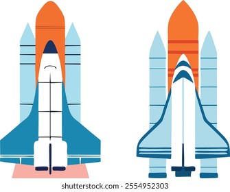 Rocket launch collection vector ill. Spacecraft and spaceship, rocket flight with fire and smoke