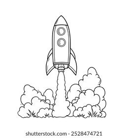 Rocket Launch Coloring Page Outline Illustration. Black and White Cartoon Rocket Taking Off Design