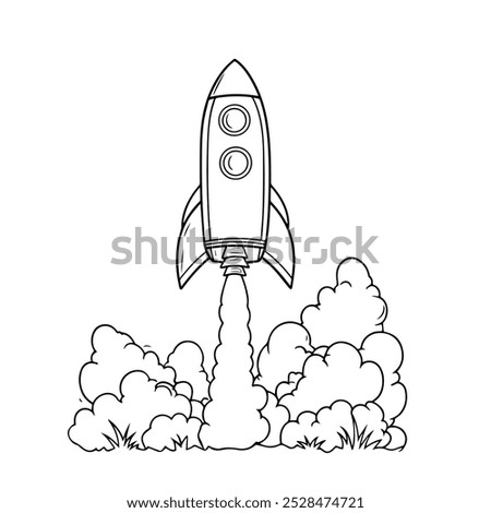 Rocket Launch Coloring Page Outline Illustration. Black and White Cartoon Rocket Taking Off Design