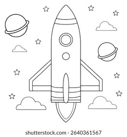 Rocket launch coloring sheet for space exploration theme with planets and stars in illustration