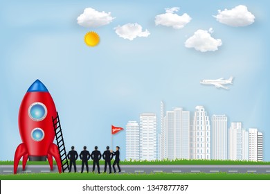 Rocket launch in the complete project day as business success concept. vector illustration.