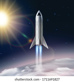 Rocket launch composition realistic with view of stratosphere with sun stars and futuristic flying rocket image vector illustration