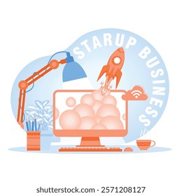 Rocket launch from computer monitor. Symbolizes innovation, growth, and technological progress in a dynamic business environment. Startup launch concept. Flat vector illustration.