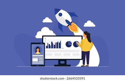Rocket launch from computer screen. rocket Startup launch business strategy concept