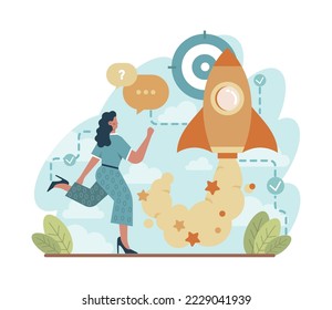 Rocket launch concept. Business start up or succesful project progress. Idea of professional development and entrepreneurship. Flat vector illustration