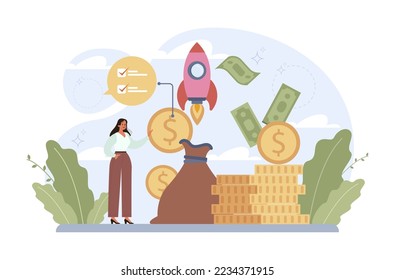 Concepto de lanzamiento de cohetes. Inicio de negocio o progreso exitoso del proyecto. Idea de desarrollo profesional y emprendimiento. Ilustración vectorial plana