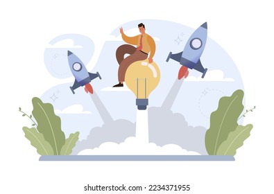 Concepto de lanzamiento de cohetes. Inicio de negocio o progreso exitoso del proyecto. Idea de desarrollo profesional y emprendimiento. Ilustración vectorial plana