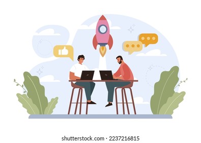 Rocket launch concept. Business start up or succesful project progress. Idea of professional development and entrepreneurship. Flat vector illustration