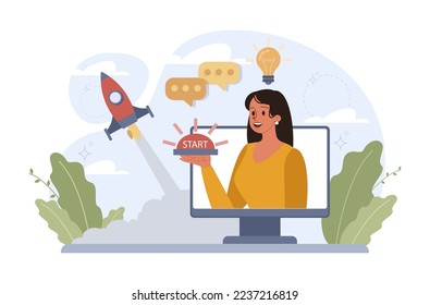 Concepto de lanzamiento de cohetes. Inicio de negocio o progreso exitoso del proyecto. Idea de desarrollo profesional y emprendimiento. Ilustración vectorial plana